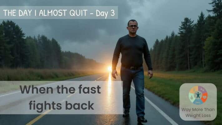 Man walking on road during Day 3 of extended fast with rain and forest background