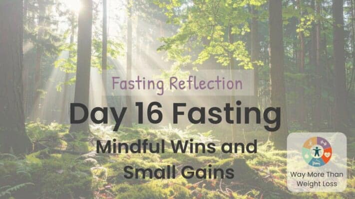 Forest scene with sunlight, text: Day 16 Fasting Reflection - Mindful Wins and Small Gains, WMTWL logo