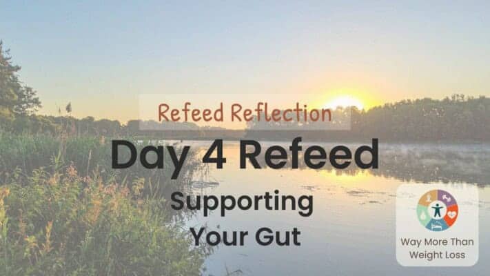 Peaceful lake at sunrise with text 'Day 4 Refeed supporting Your Gut' overlaid on natural water scene with WMTWL logo