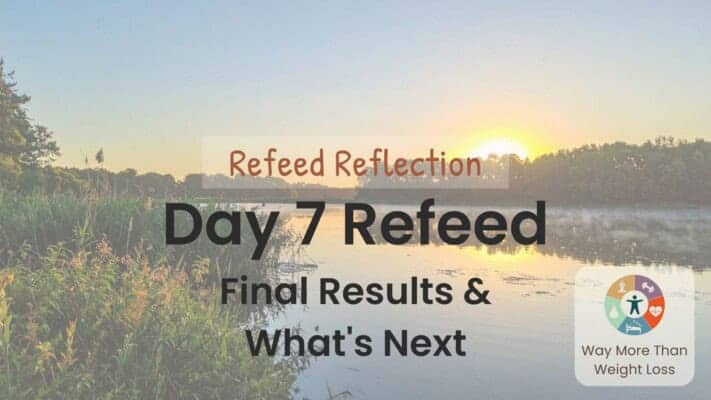 Sunrise over calm lake with reeds. Text: Day 7 Refeed Final Results & What's Next. WMTWL logo visible.