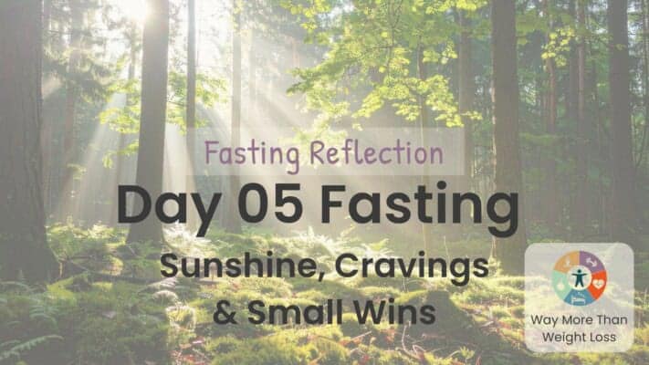 Forest scene with sunlight. Text reads: Day 05 Fasting Reflection - Sunshine, Cravings & Small Wins. WMTWL logo.