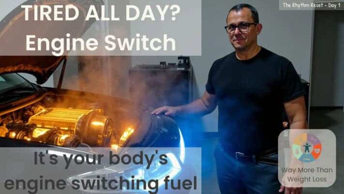 Split screen showing illuminated car engine and man in black shirt with text about body's fuel switching mechanism