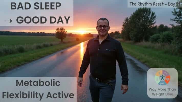 Man walking on country road at sunrise. Text reads: Bad Sleep leads to Good Day. Metabolic Flexibility Active. Rhythm Reset Day 11.