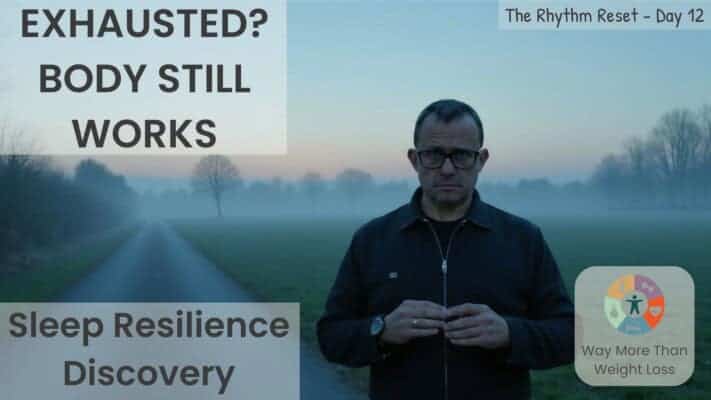 Man in dark jacket and glasses standing in misty field at dawn with text overlay about exhaustion and sleep resilience