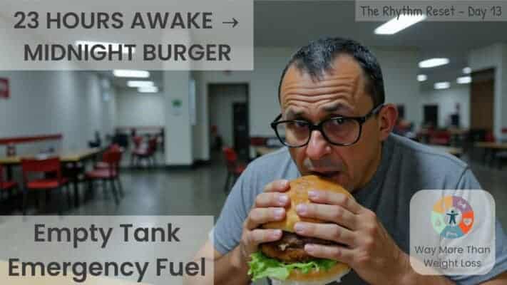 Man eating burger at midnight after 23-hour fast, demonstrating flexible eating in real-world context