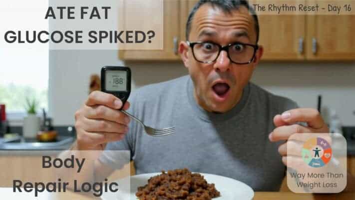 Man holding glucose meter showing 188, looking shocked at plate of cooked mince. Text reads "ate fat, glucose spiked?"