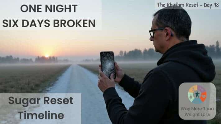 Man holding cracked phone at dawn on misty rural road. Text: One night six days broken. Rhythm Reset Day 18.