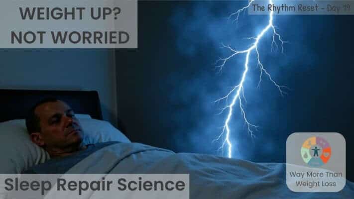 Man in bed at night beside lightning bolt image. Text: Weight up? Not worried. Sleep repair science. Rhythm Reset Day 19.