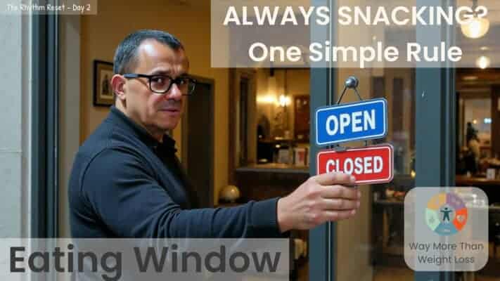 Neil holding Open/Closed sign outside shop, text reads 'Always Snacking? One Simple Rule - Eating Window'