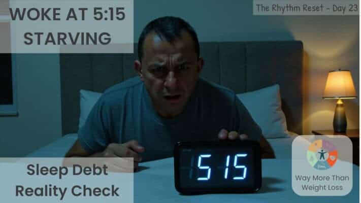 Man looking at clock showing 5:15am during sleep debt reality check while fasting