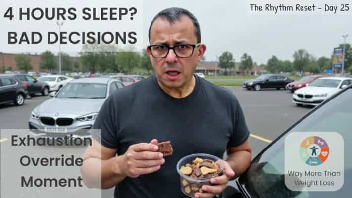 Man in car park holding comfort food after sleep-deprived hospital appointment