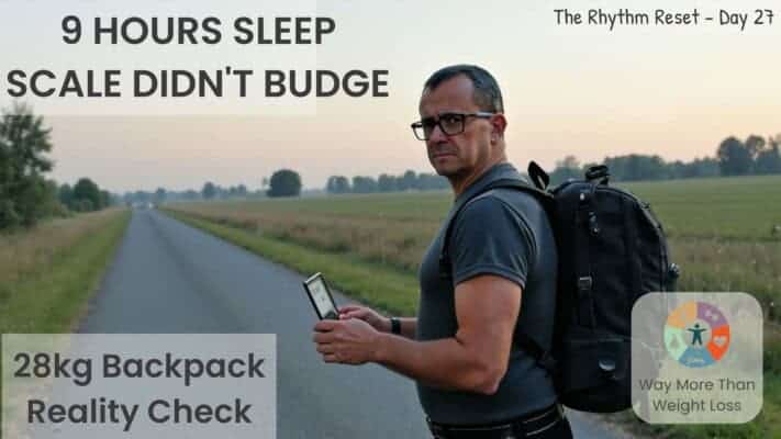 Man with 28kg backpack checking phone during morning walk on rural path