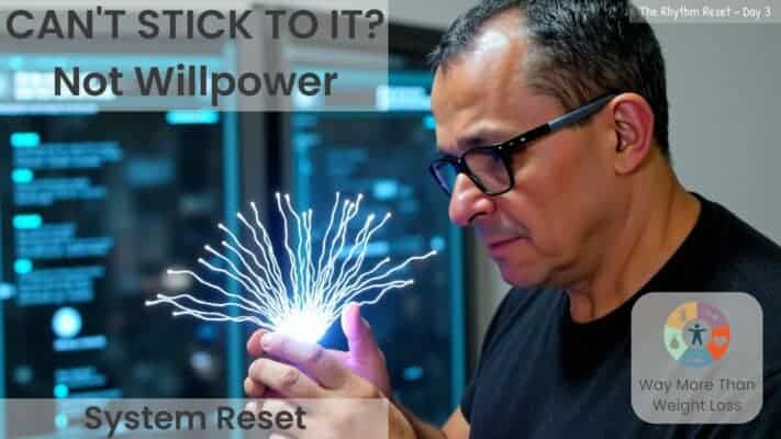 Man in glasses holding glowing neural network effect in hands, text reads "Can't stick to it? Not willpower. System reset."