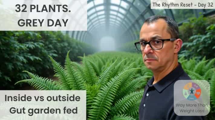 Neil in greenhouse surrounded by ferns on grey day tracking 32 plants eaten