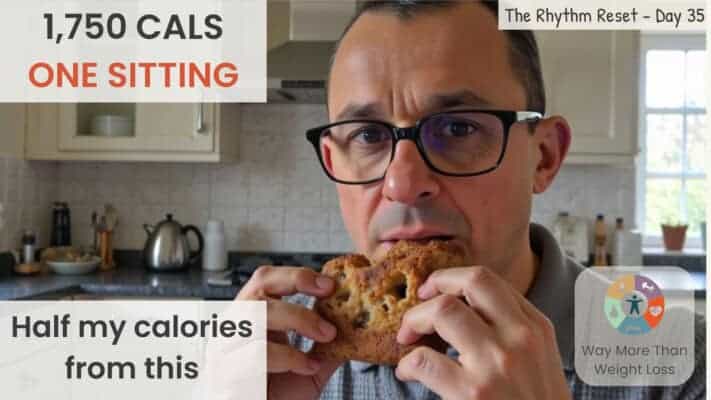 Man eating homemade cake during flexible eating window, 1,750 calories tracked