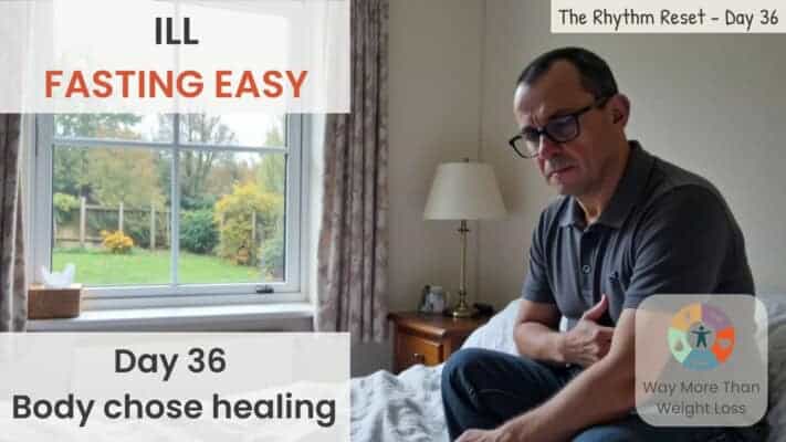 Man sitting on bed feeling ill during Day 36 of fasting journey