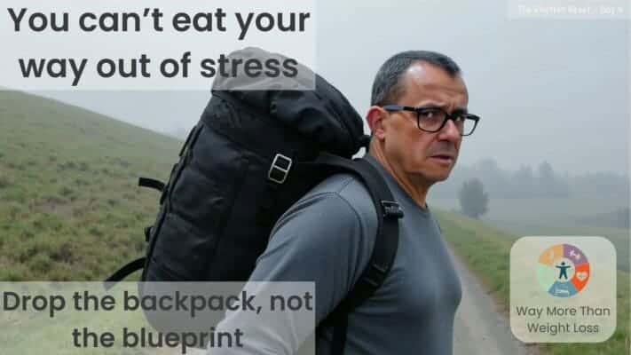 Man with large black backpack hiking misty hills. Text: You can't eat your way out of stress. Drop the backpack, not the blueprint.