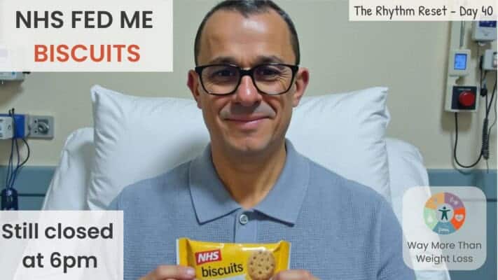 Man holding NHS biscuit pack after hospital day surgery with eating window intact