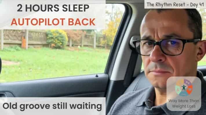 Man in car after surgery discussing autopilot eating patterns
