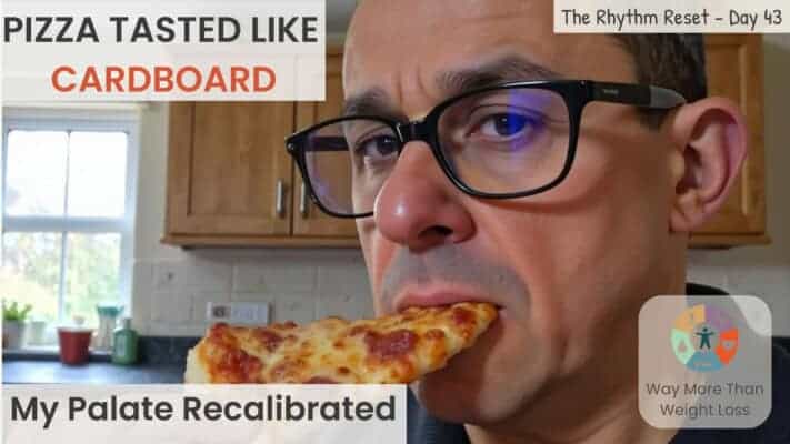 Man eating pizza during fasting journey day 43 Rhythm Reset
