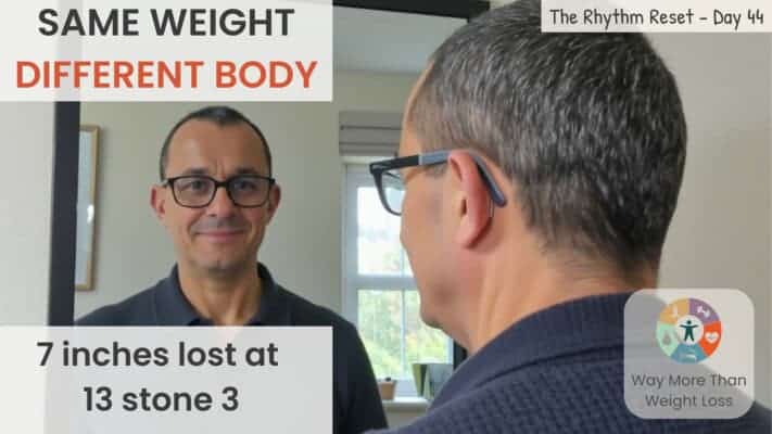Man looking in mirror after losing 7 inches despite same scale weight during fasting rhythm