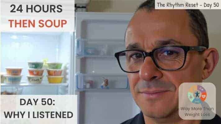 Neil standing at open fridge with soups after completing 24-hour fast