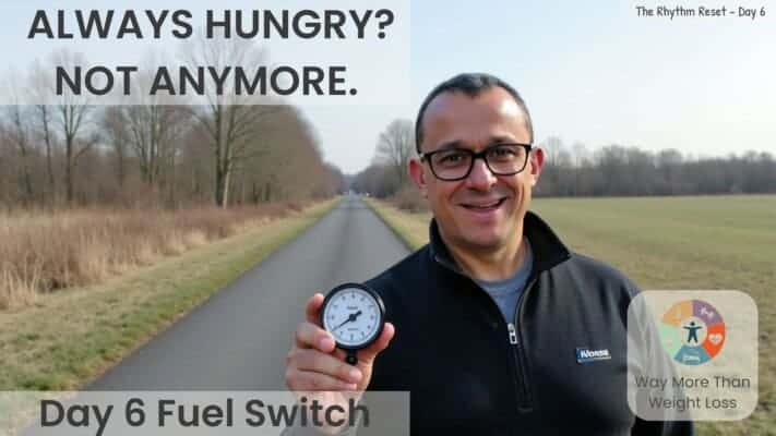 Man holding timer on rural path with text 'Always Hungry? Not Anymore' and 'Day 6 Fuel Switch' - Rhythm Reset programme