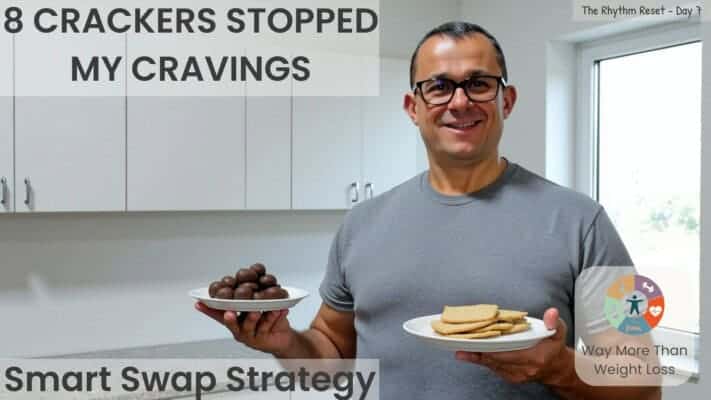 Man in grey shirt holds two plates in modern kitchen: chocolate energy balls on left, shortbread biscuits on right, comparing food choices