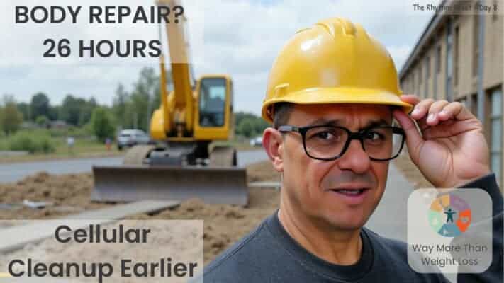 Man in yellow hard hat at construction site with text 'Body Repair? 26 Hours' and 'Cellular Cleanup Earlier' - WMTWL Day 8