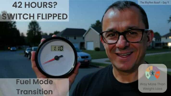 Neil holds ketone meter showing 1.18 reading at dusk. Text reads "42 hours? Switch flipped. Fuel mode transition."
