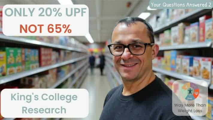 Man in supermarket explaining UPF research showing only 20% not 65% is harmful