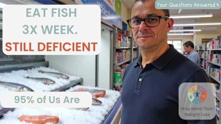 Neil at supermarket fish counter discussing omega-3 deficiency despite regular fish consumption