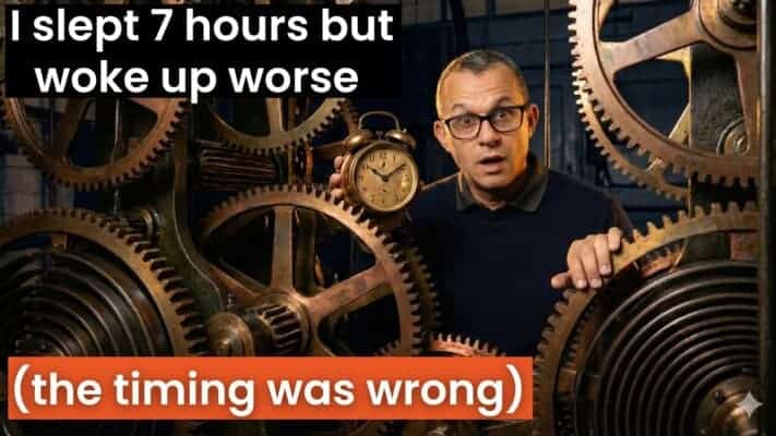 **Alt Text:** Man holding alarm clock explaining why sleep timing affects circadian rhythm and metabolic health