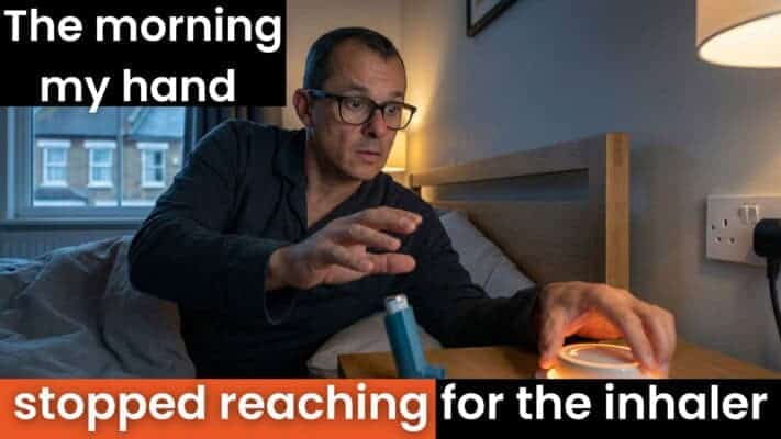 Man holding asthma inhaler after stopping 45 years of daily medication through fasting