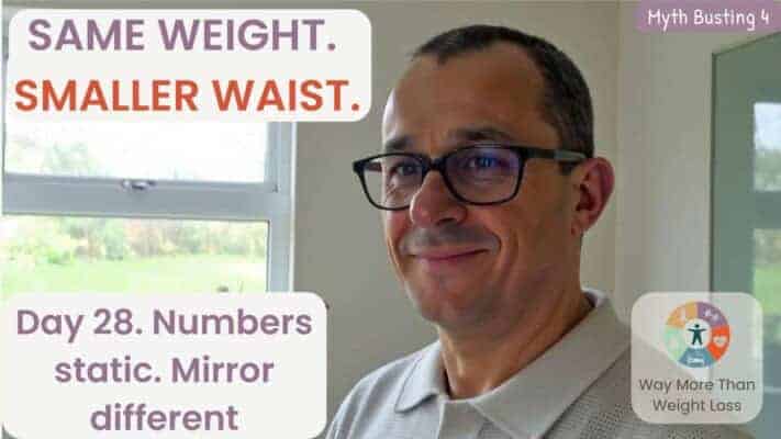 Neil explaining body recomposition Day 28 same weight smaller waist