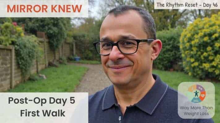 Man smiling outdoors after first post-surgery walk on Day 46 of recovery journey