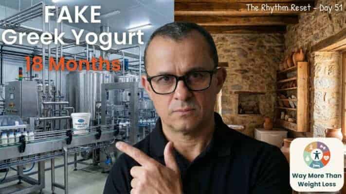 Neil comparing ultra-processed Greek-style yogurt factory to traditional Greek yogurt kitchen on Day 51