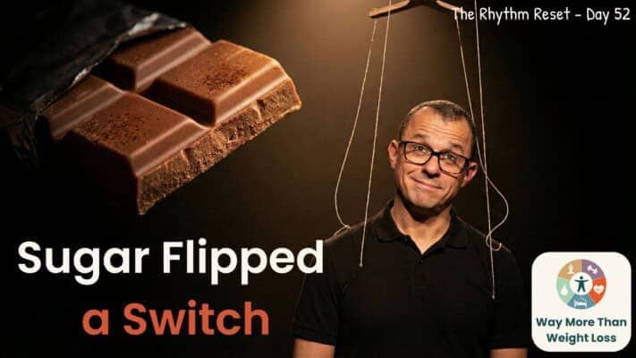 Neil depicted as puppet controlled by chocolate bar representing sugar's control over eating behaviour