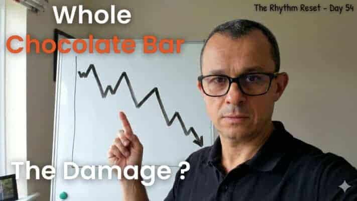 Neil pointing at downward trend graph showing weight recovery after eating chocolate bar