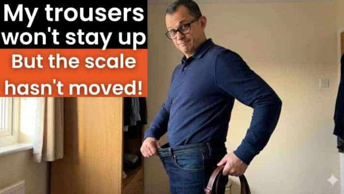 Man holding up loose 34-inch trousers after 61 days of fasting protocol