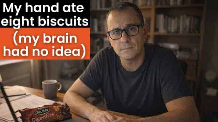 Man looking at empty biscuit packet after mindless eating eight chocolate digestives