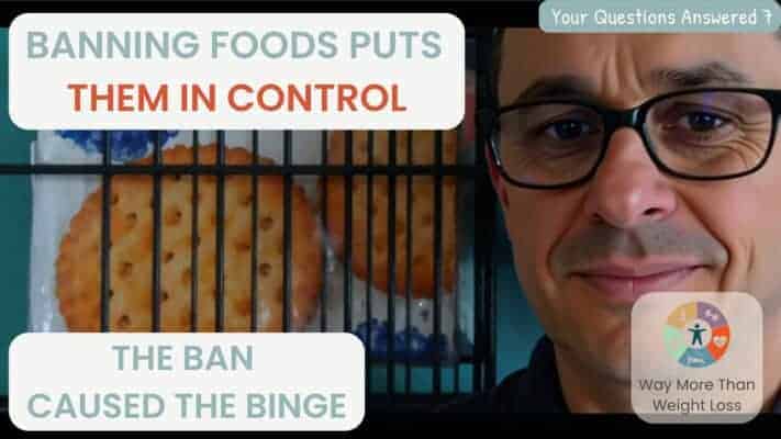 Neil explaining why banning foods causes binge eating with biscuits visible in background