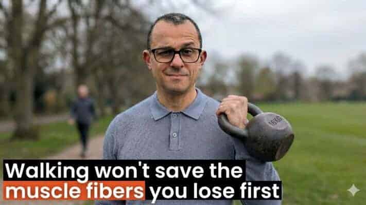 Man comparing walking steps to strength training for preserving muscle fibres over 50