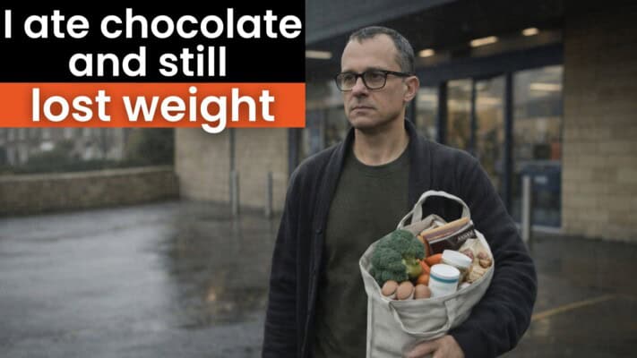 Dark chocolate bar with measuring tape showing flexible nutrition weight loss