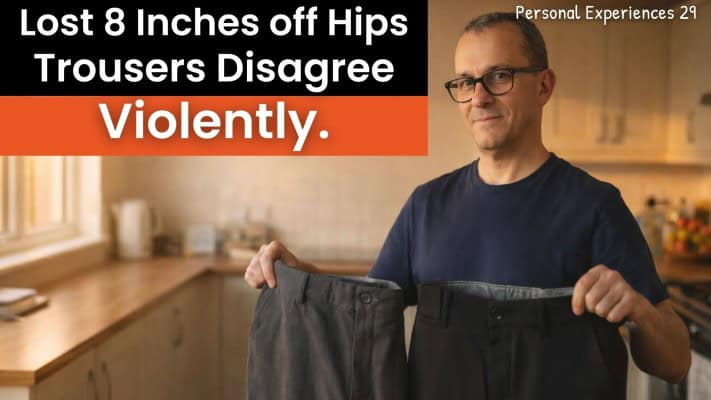 Man measuring hips showing 3.5 inch reduction from extended fasting journey