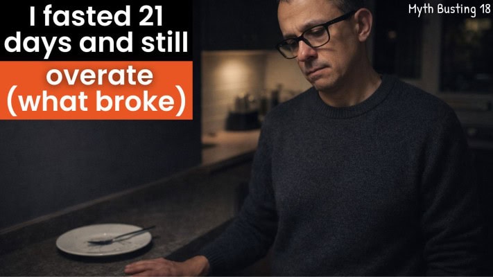 Man reflecting on overeating after completing 21-day water fast