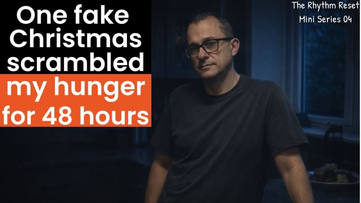 Man experiencing constant food cravings after ultra-processed Christmas meal scrambles satiety signals