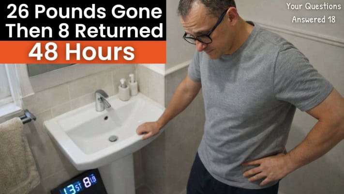 Man tracking weight changes during 21-day extended fast showing 8-pound rebound in 48 hours