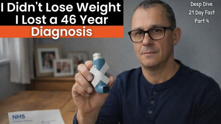 Man holding crossed-out asthma inhaler after 46 years of medication and extended fasting