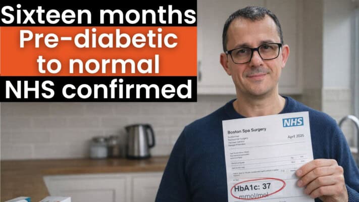 Neil holding NHS blood test printout showing HbA1c 37 result with empty medication boxes on kitchen counter